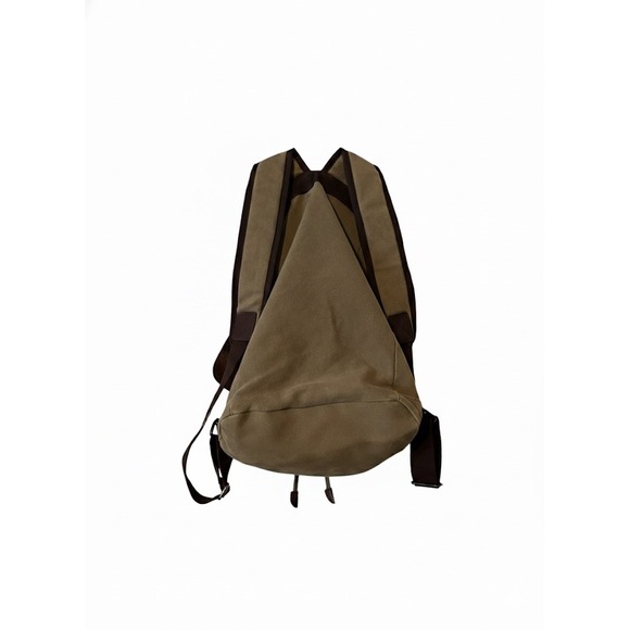 Canvas Leather‎ Trim Flap Top Drawstring Backpack Khaki Brown Vtg Style School - Picture 3 of 4